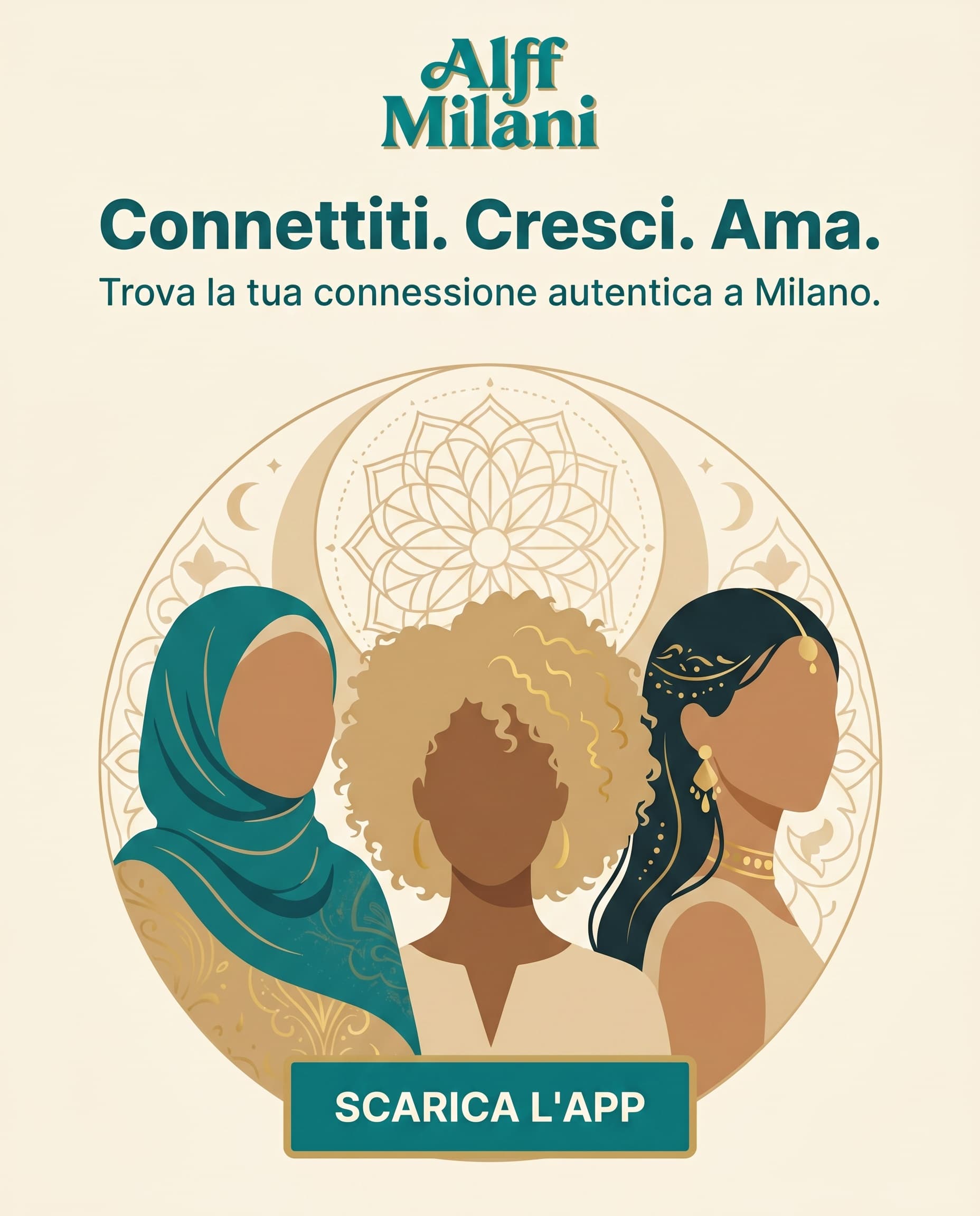 Tre silhouette femminili in un visual armonioso che rappresenta la community Alif